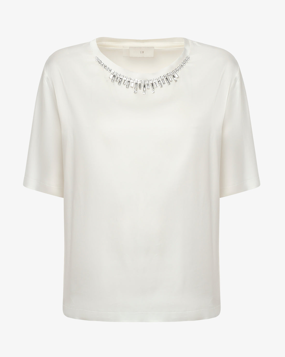 T-shirt in satin con applicazione gioiello