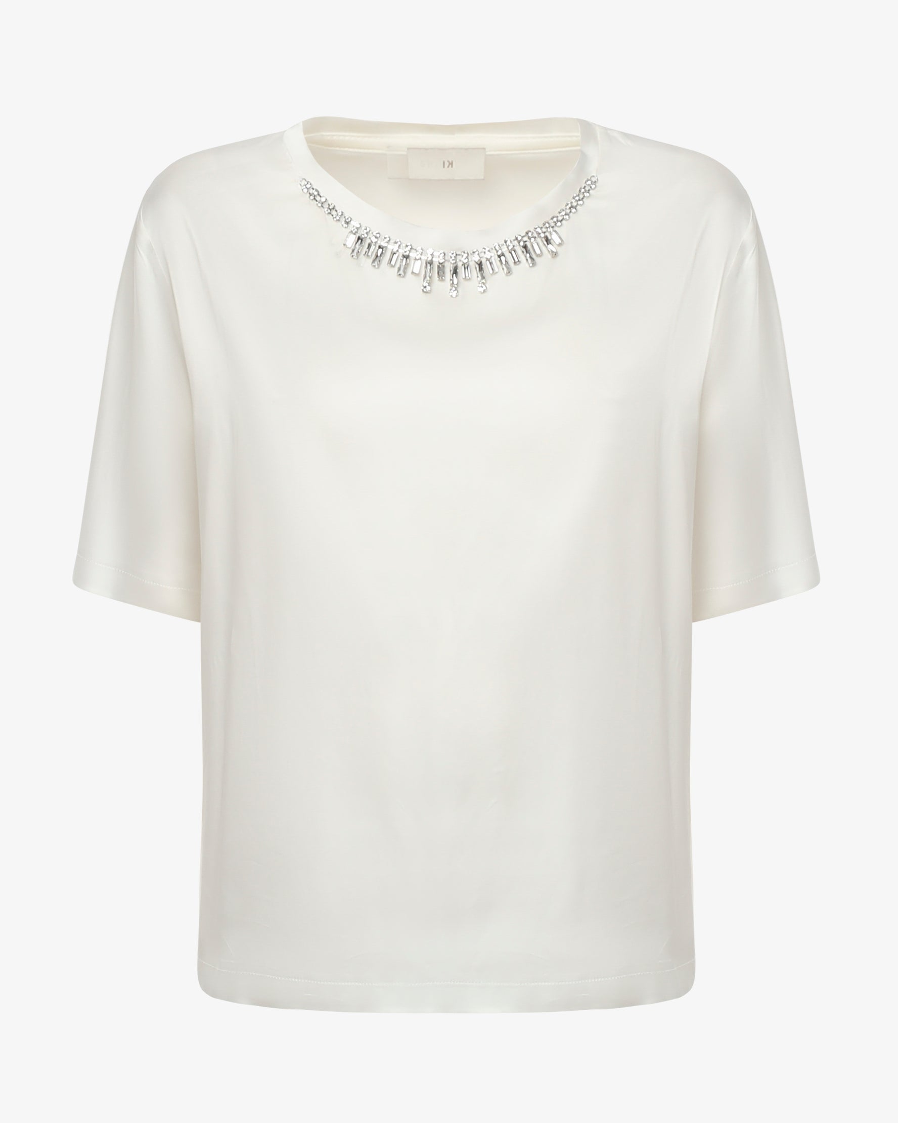 T-shirt in satin con applicazione gioiello