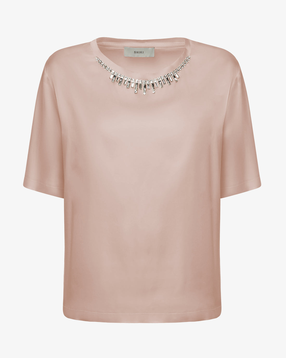 T-shirt in satin con applicazione gioiello