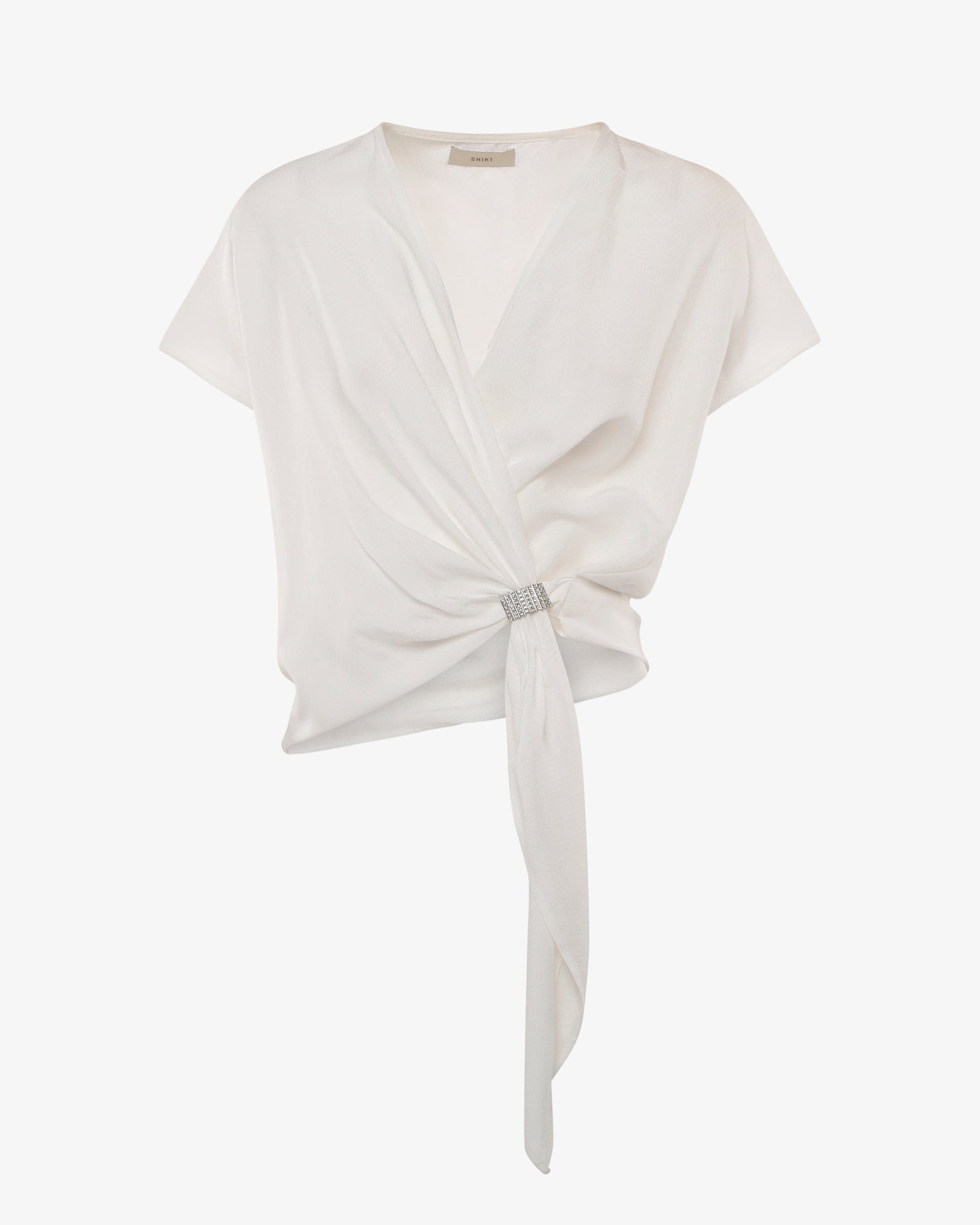 Blusa a portafoglio in jacquard con accessorio gioiello