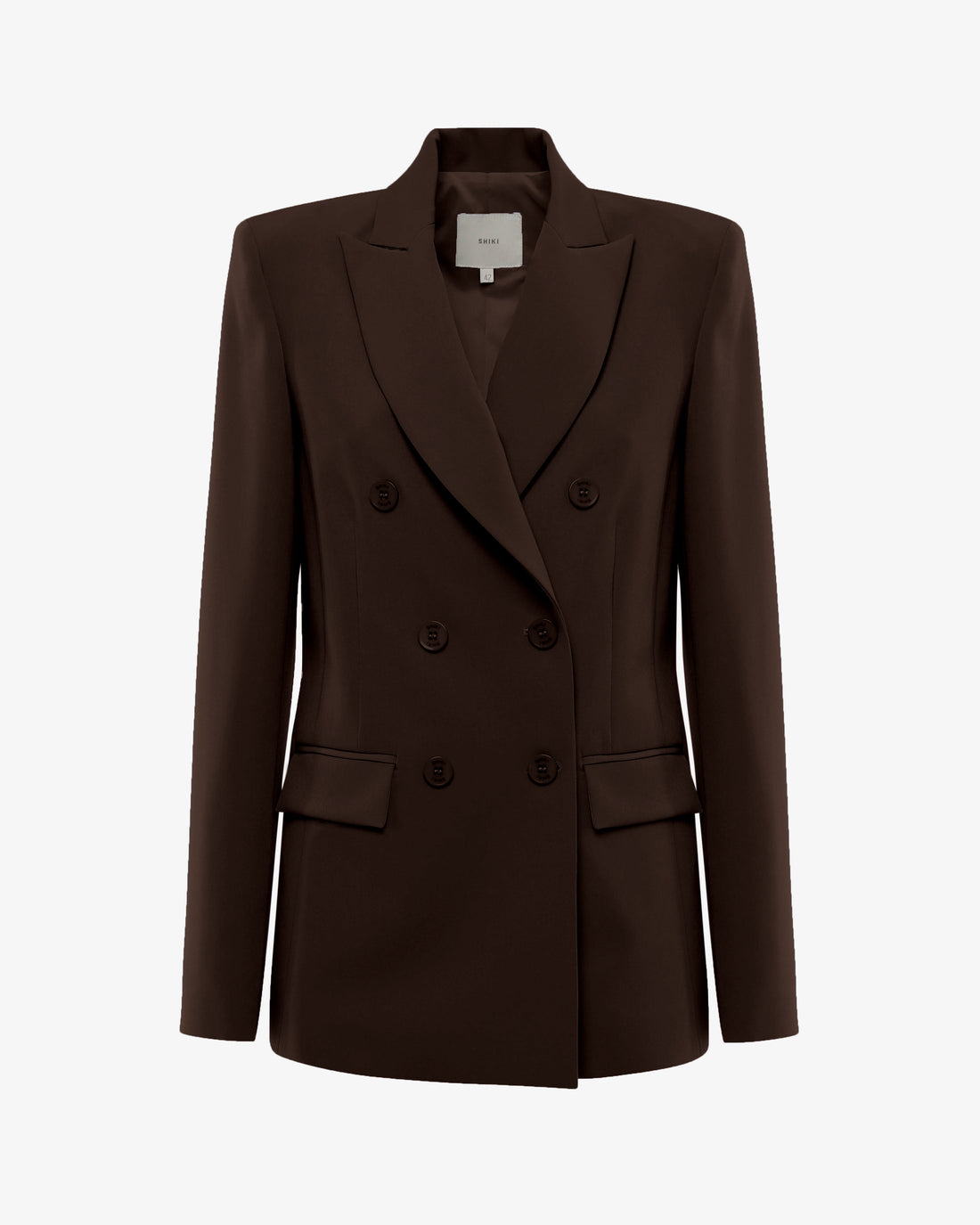 Tailleur in tessuto tecnico con giacca doppiopetto e pantalone flare
