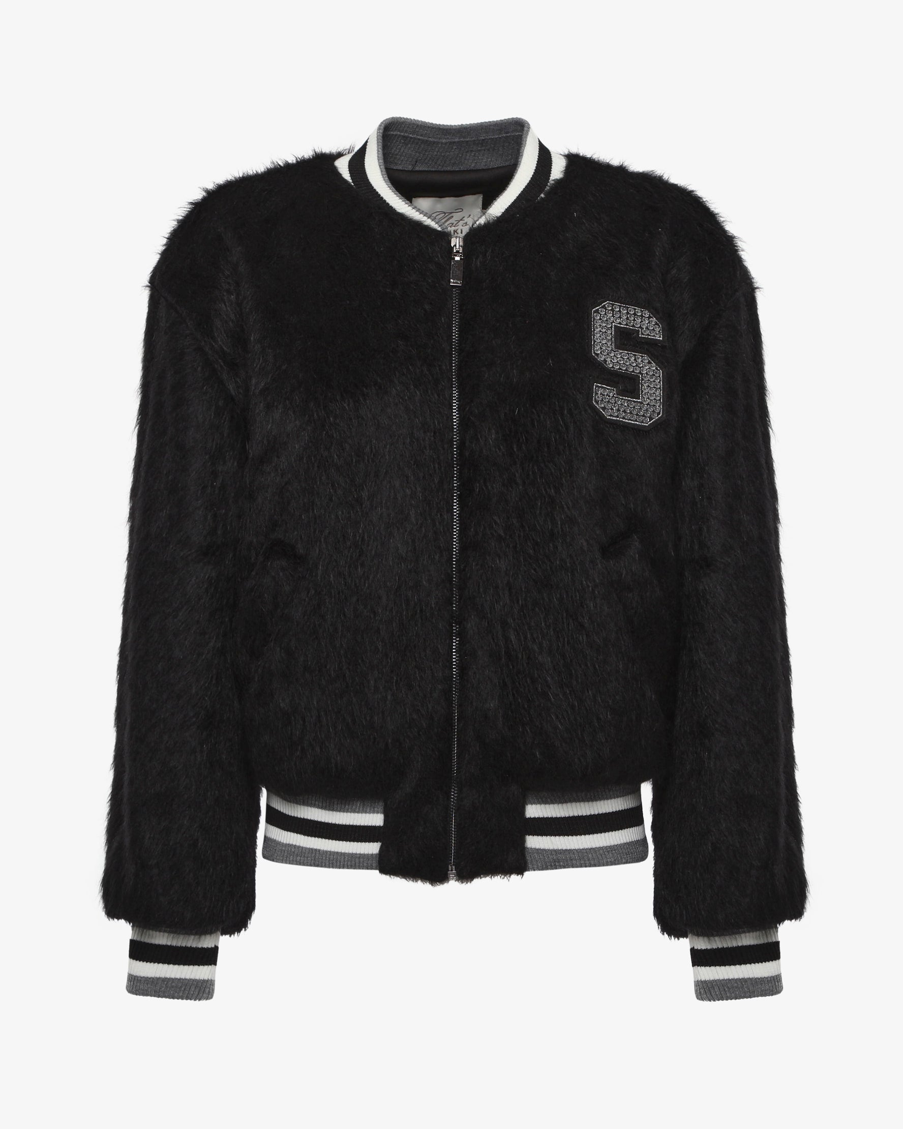 Bomber college in ecopelliccia con patch e strass